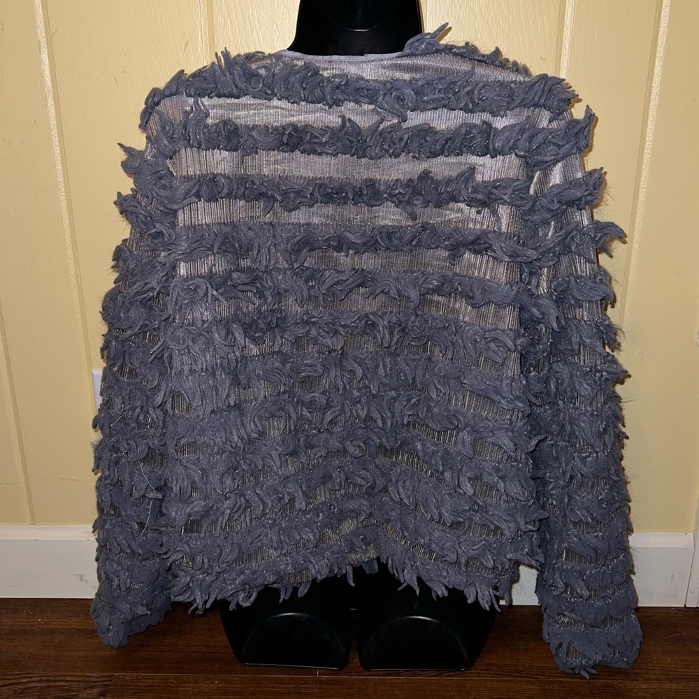 Gray Shaggy Boho Cozy Chic Long Sleeve Lined Open Front Sweater Jacket Size L - Picture 3 of 11
